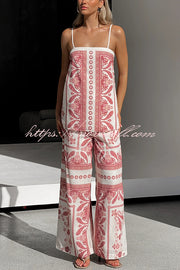 Unique Print Loose Casual Tank Top and Elastic Waist Wide Leg Straight Pants Set
