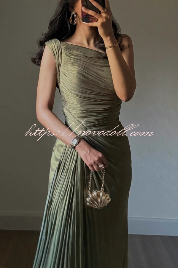 Fashion One-shoulder Pleated Ribbon Slim Slit Maxi Dress