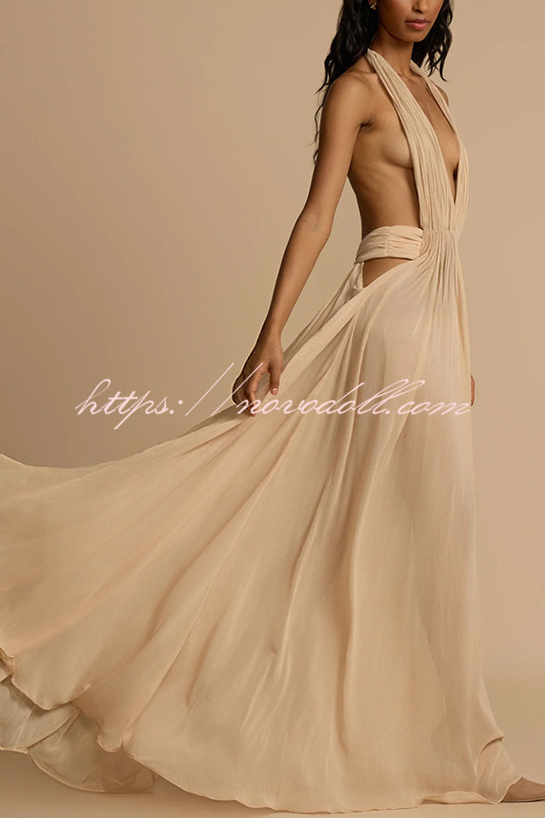 Ethereal Moment Tulle Cutout Ruched Waist Backless Halter Maxi Dress
