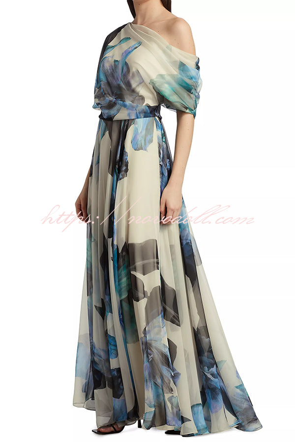 Unique Printed Bohemian Short-sleeved One-shoulder Maxi Dress