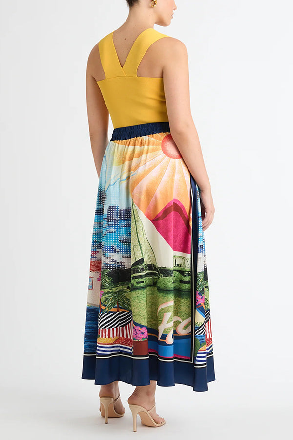 Seaside Holiday Satin Unique Print Knotted Scarf Top and Elastic Waist Loose Maxi Skirt Set