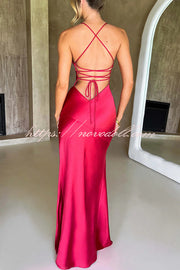 Satin Solid Color Sexy Backless Lace Up High Slit Maxi Dress