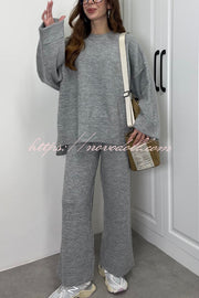 Solid Color Loose Long-sleeved Knit Top and Elastic Waist Casual Straight Leg Pants Set