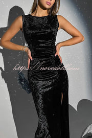 Solid Color Velvet Round Neck Sleeveless Slim Slit Maxi Dress