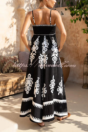 Unique Ethnic Print Suspender Pleated Top and Elastic Waist Loose Wide-leg Pants Set