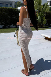 Solid Color V-neck Hollow Beach Knitted Cover-up Midi Dress