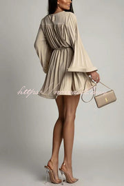 Fashion Bell Sleeve Loose Waist Tie Pleated Mini Dress