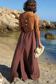 Sunny Beach Straps Unique Beaded Detail Backless Slit Maxi Dress