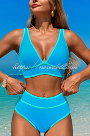 Solid Color Contrast High Waist Stretch Bikini Swimsuit