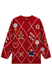 Argyle Candy Gingerbread Man Embroidered Button-knit Cardigan