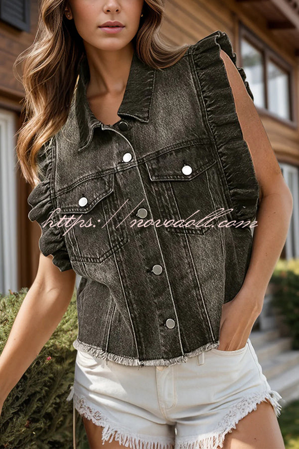 Stylish Lapel Single-breasted Ruffle Sleeve Loose Denim Jacket