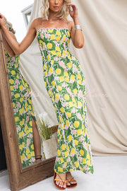 Summer Lemon Print Scalloped Lace Trim Suspender Slim Maxi Dress