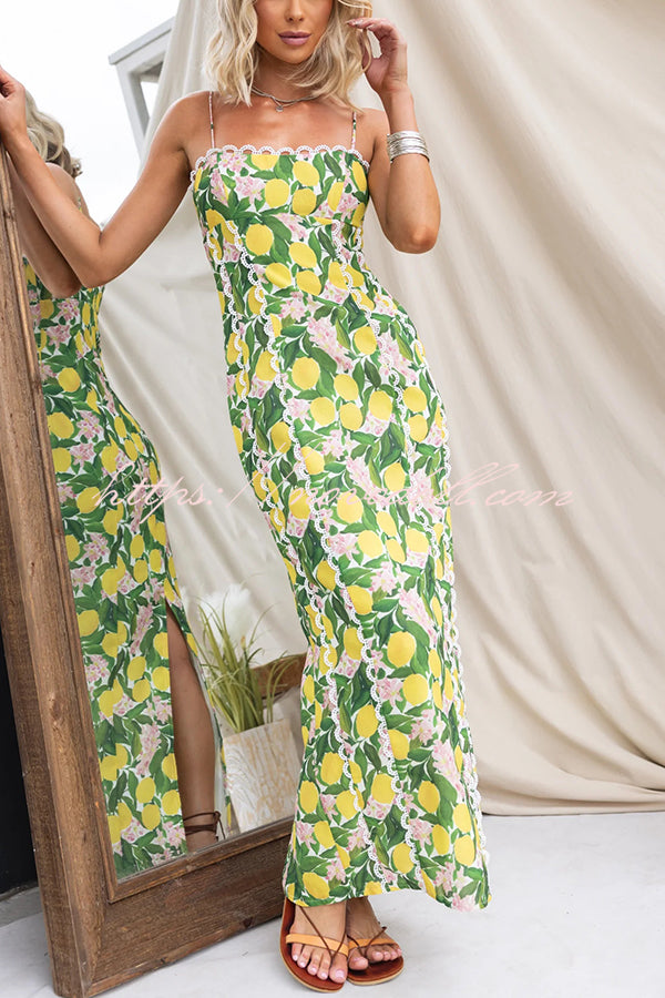 Summer Lemon Print Scalloped Lace Trim Suspender Slim Maxi Dress