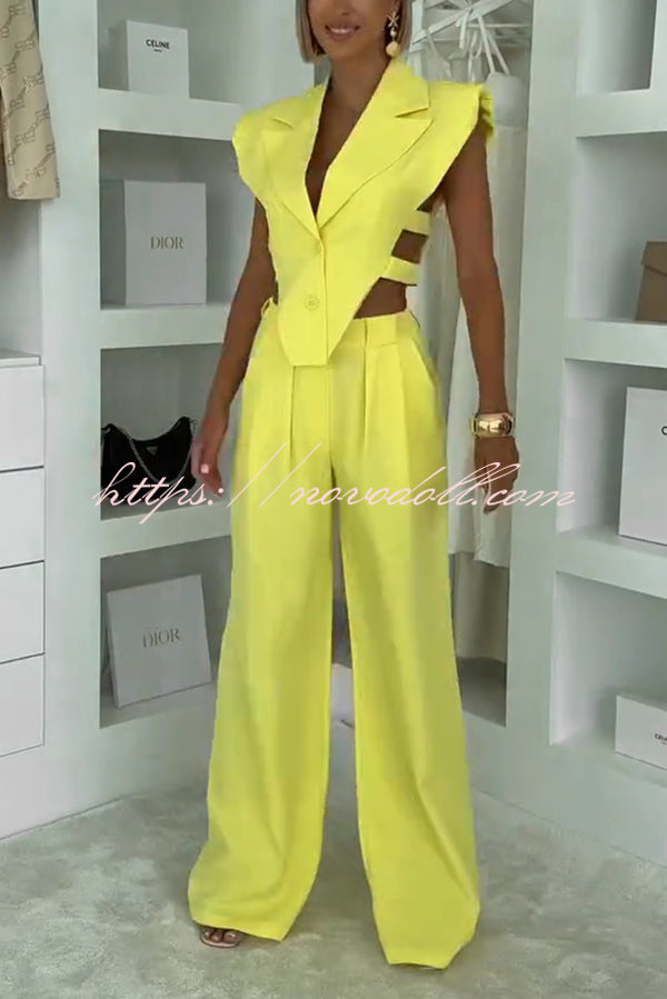 Fashion Style Lapel Waist-baring Irregular Vest and  Elastic Waist Pocket Loose Pants Set