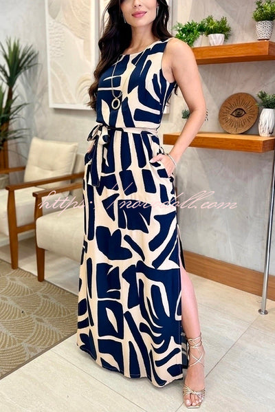 Unique Printed Sleeveless Slit Lace Up Waist Pocket Maxi Dress