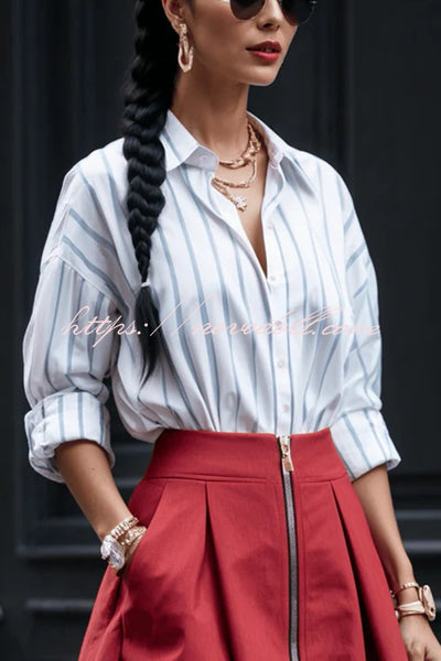 Effortless Charm Printed Button Down Long Sleeve Relaxed Blouse