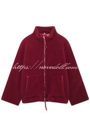 Solid Color Stitching High Collar Long Sleeve Loose Pocket Woolen Coat