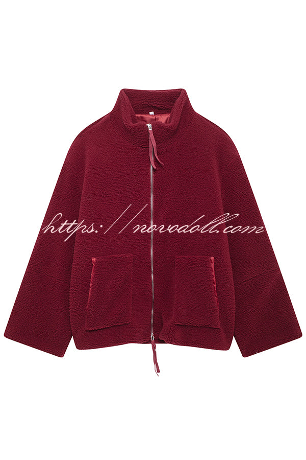 Solid Color Stitching High Collar Long Sleeve Loose Pocket Woolen Coat