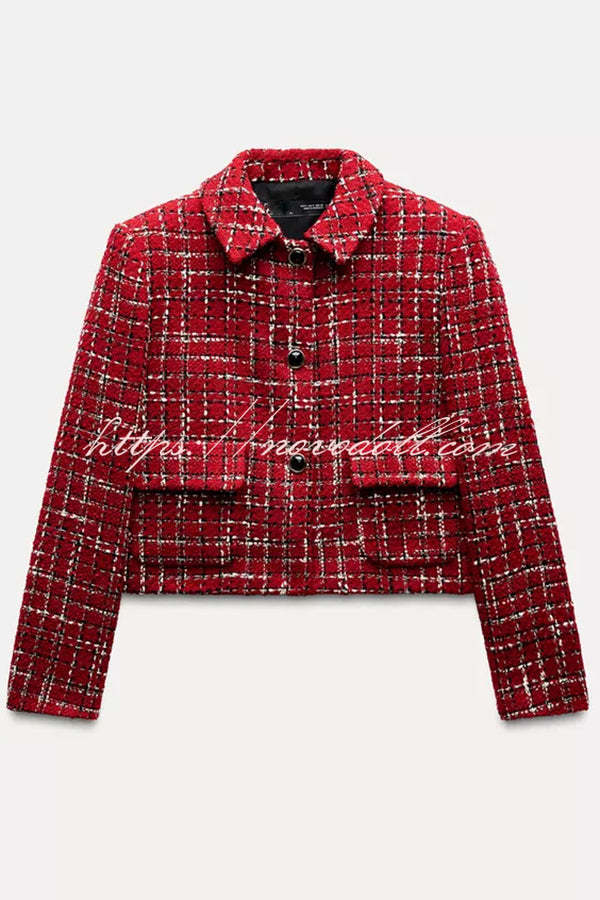 Tweed Plaid Textured Long-sleeved Casual Pocket Jacket