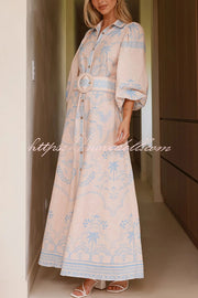 Linen Blend Lapel Puff Sleeve Casual Waist Belted Maxi Dress