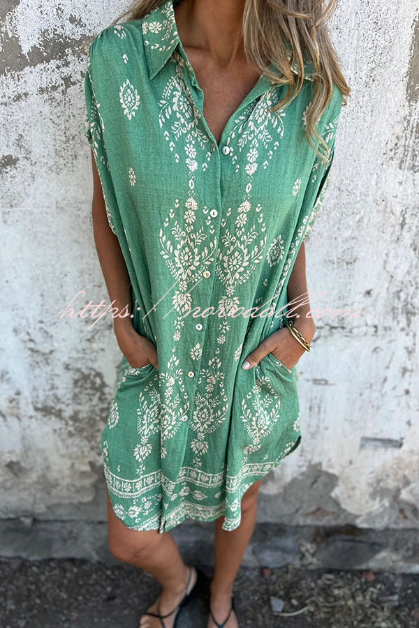Linen Blend Unique Print Lapel Casual Pocket Mini Dress