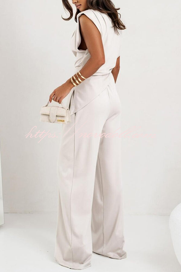 Jordy Ruched Shoulder Slit Top and Elastic Waist Pocketed Wide Leg Pants Set