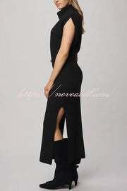 Solid Color Sleeveless Knitted Elegant Waist Midi Dress