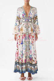 Fairy Tale Print V-Neck Lantern Sleeve Waist Maxi Dress