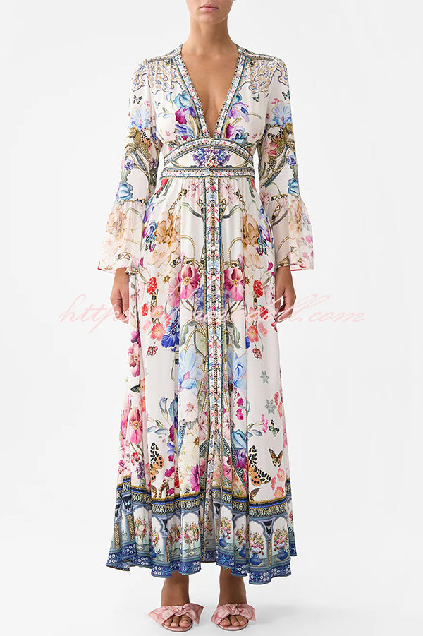 Fairy Tale Print V-Neck Lantern Sleeve Waist Maxi Dress