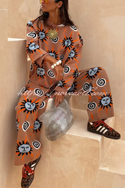 Mediterranean Art Knit Unique Sun Vortex Print Elastic Waist Wide Leg Pants