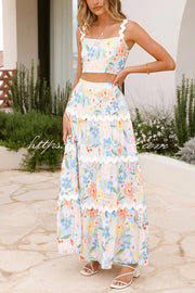 Linen Blend Ric Rac Trims Floral Print Top and Elastic Waist Maxi Skirt Set