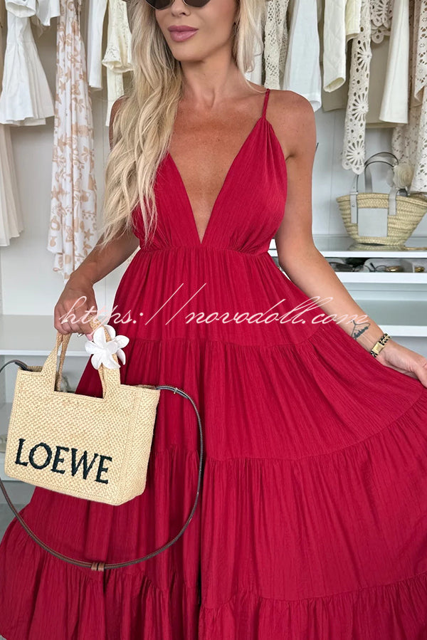 Bohemian Style V-neck Backless Slip Layered Vacation Maxi Dress