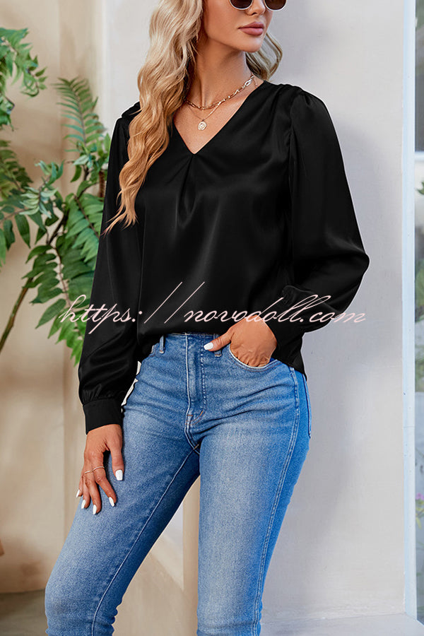 Satin Pleated V-neck Long-sleeved Loose Shirt