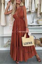 Bohemian Style V-neck Backless Slip Layered Vacation Maxi Dress