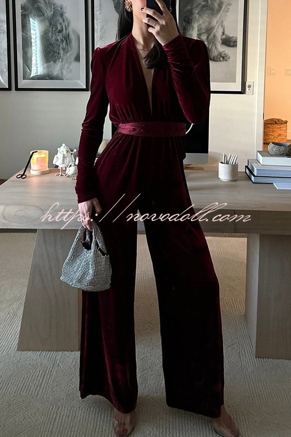 Love One Another Velvet Bow Belted Pocket Cutout Back Loose Jumpsuit