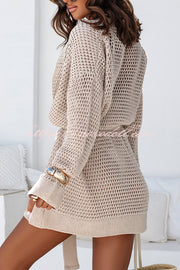 Solid Color Hollow Long Sleeve Loose Waist Tie Knitted Cardigan