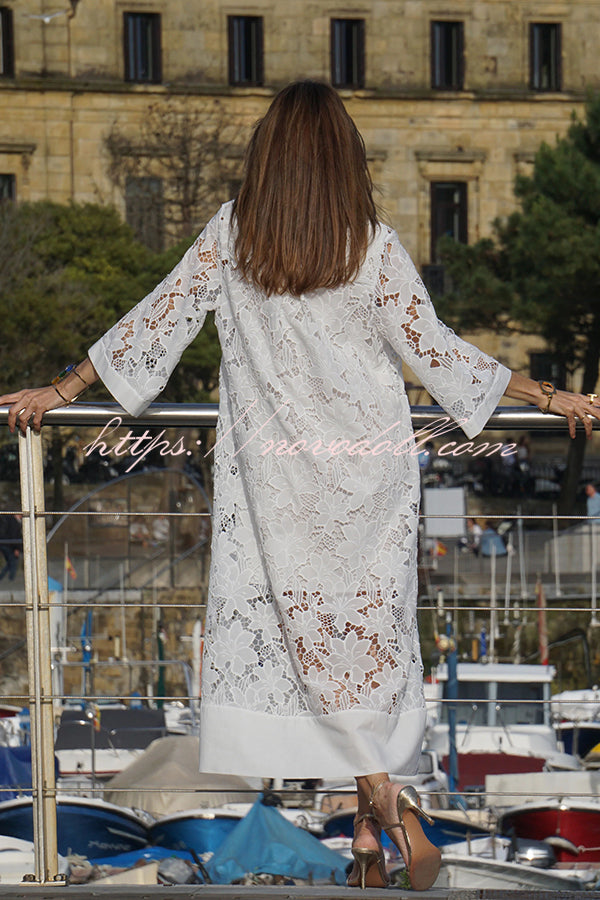 Confidence and Adventure Flower Lace V-neck Bell Sleeve Loose Midi Dress