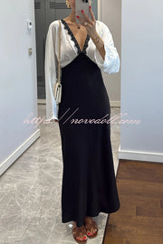 Lainei Contrast Color Satin Lace Trim V-neck Long Sleeve Maxi Dress