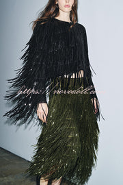Party Crasher Layered Sequined Tassels High Rise Back Zipper Midi Skirt