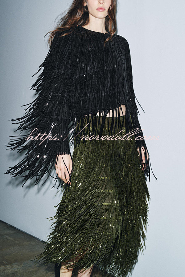 Party Crasher Layered Sequined Tassels High Rise Back Zipper Midi Skirt