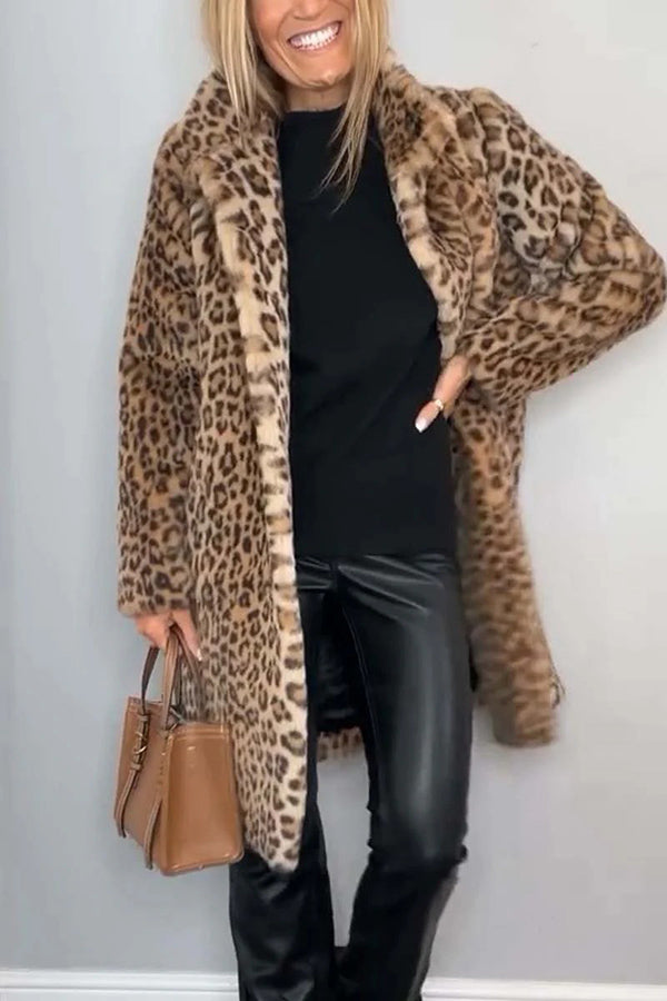 Leopard Print Lapel Long Sleeve Mid-length Plush Coat