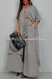 Solid Color Casual Loose Long Shirt and Elastic Waist Pocket Wide Leg Pants Set