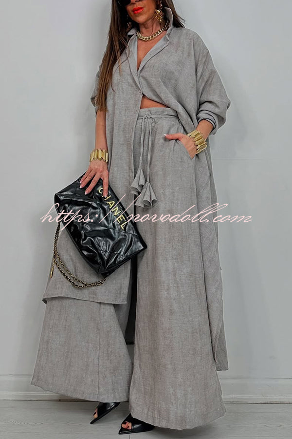 Solid Color Casual Loose Long Shirt and Elastic Waist Pocket Wide Leg Pants Set