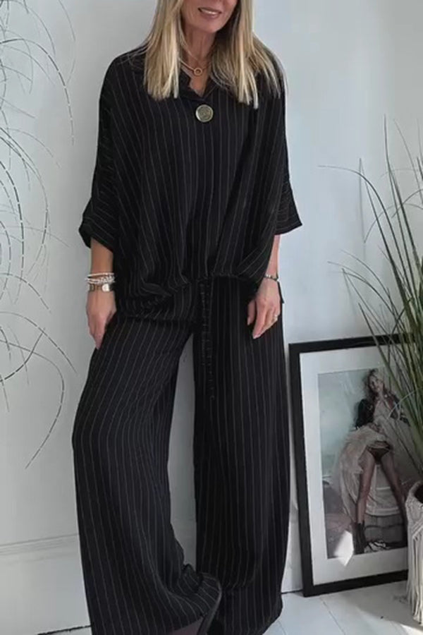 Fashion Striped Print Lapel Loose Top and Elastic Waist Casual Wide-leg Pants Set