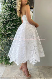 Elegant Openwork Lace Strapless Full-hem Midi Dress