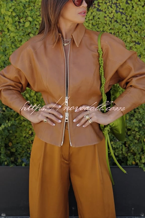 Pop of Brown Faux Leather Double Zipper Detail Balloon Sleeve Lapel Jacket