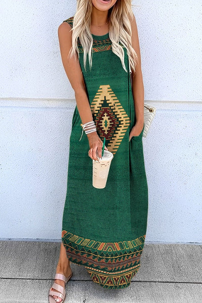 Merced Ethnic Geometric Hippie Print Pocketed Knit Maxi Dress