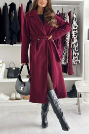 Solid Color Lapel Long Sleeve Waist Tie Long Coat