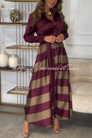 Lindsey Satin Colorblock Contrast Long Sleeve Belted Shirt Maxi Dress