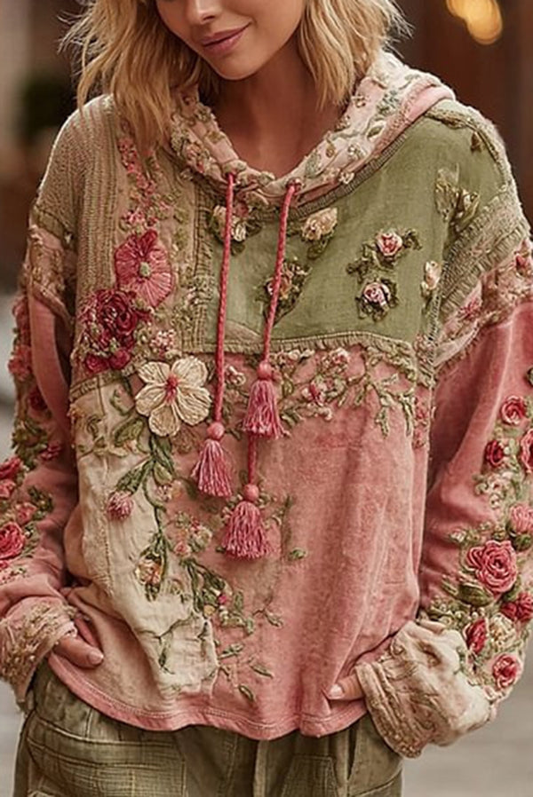 Floral Print Loose Hooded Long-Sleeved Sweatshirt